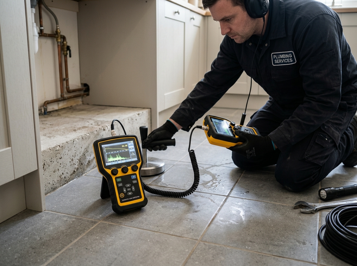 Acoustic ground sensor detecting leak under slab in Whittier home